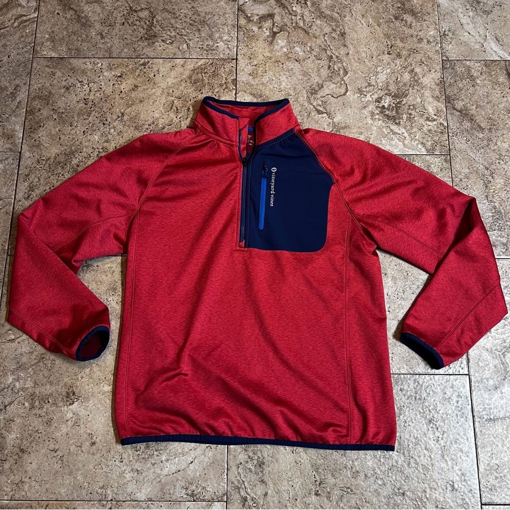 Vineyard Vines Sweater Mens L Blue and Red 1/4 Zip Pullover Performance Golf